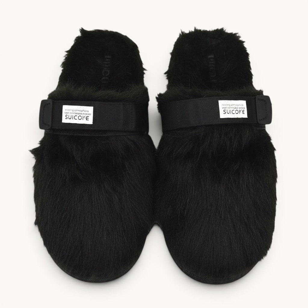 Numero 5 black faux fur slide sandals with adjustable strap and Suicoke logo tag.