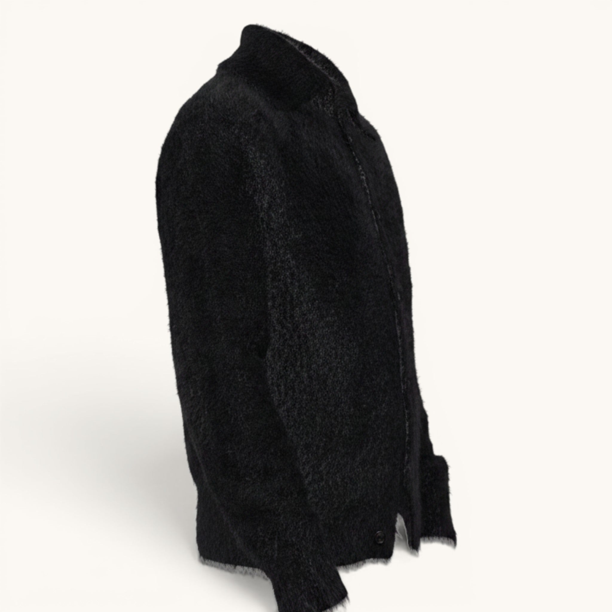 Numero 5 black fuzzy button-up cardigan with collar, long sleeves, and a relaxed fit.