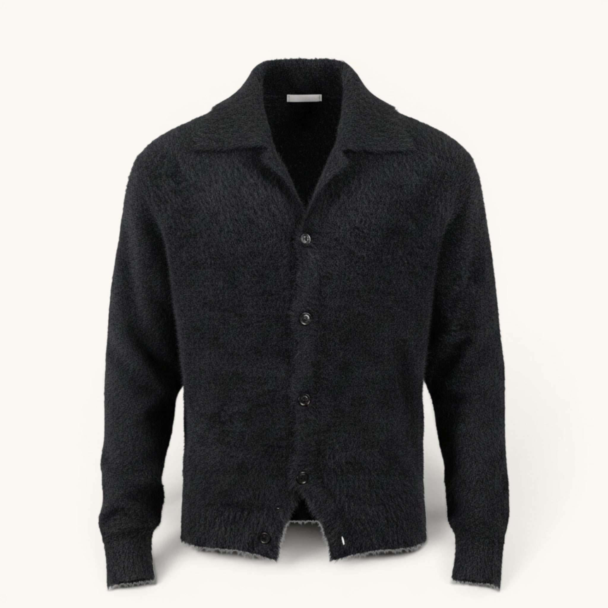 Numero 5 black fuzzy long-sleeve button-up cardigan with a spread collar.