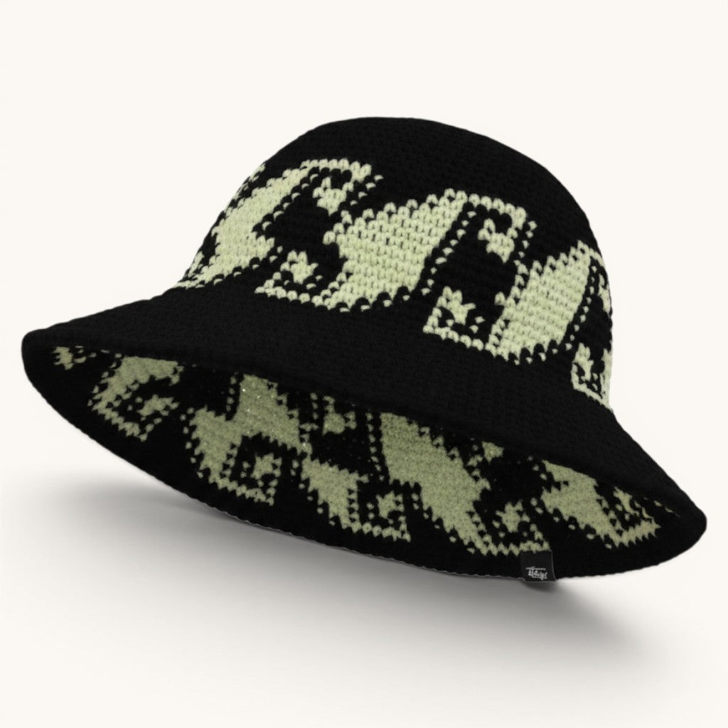 Numero 5 black crochet bucket hat with a repeating light green geometric pattern. Streetwear style, one size fits all.