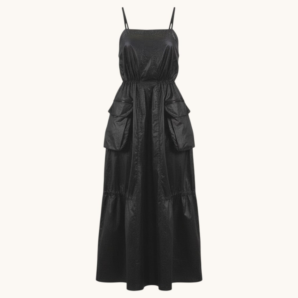 Numero 5 black polyester parachute dress with adjustable waist and pockets, perfect for summer.