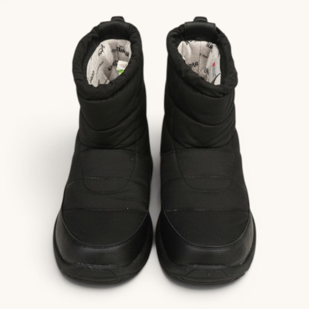 Numero 5 black quilted nylon ankle boots with rubber soles and white printed lining.