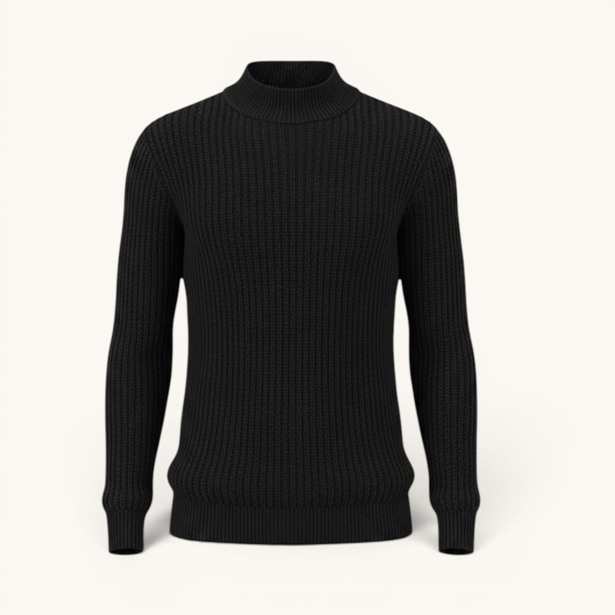 Numero 5 men's black ribbed knit sweater, 90% wool, 10% cashmere, mock neck, regular fit.