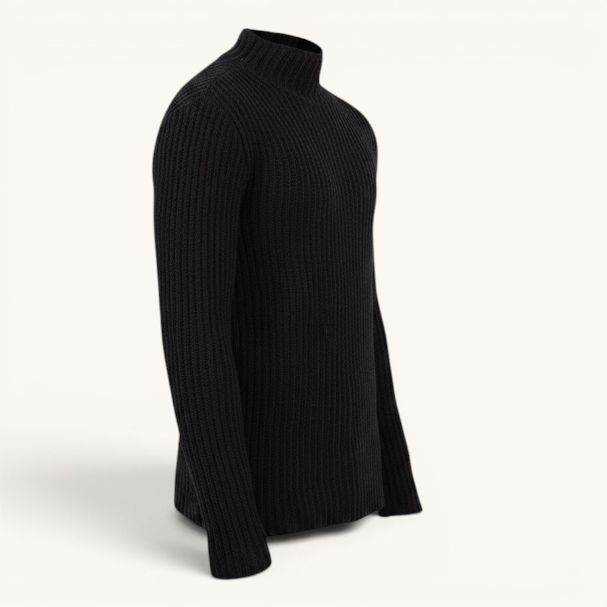 Numero 5 men's black ribbed knit sweater with mock neck, made of 90% wool and 10% cashmere.