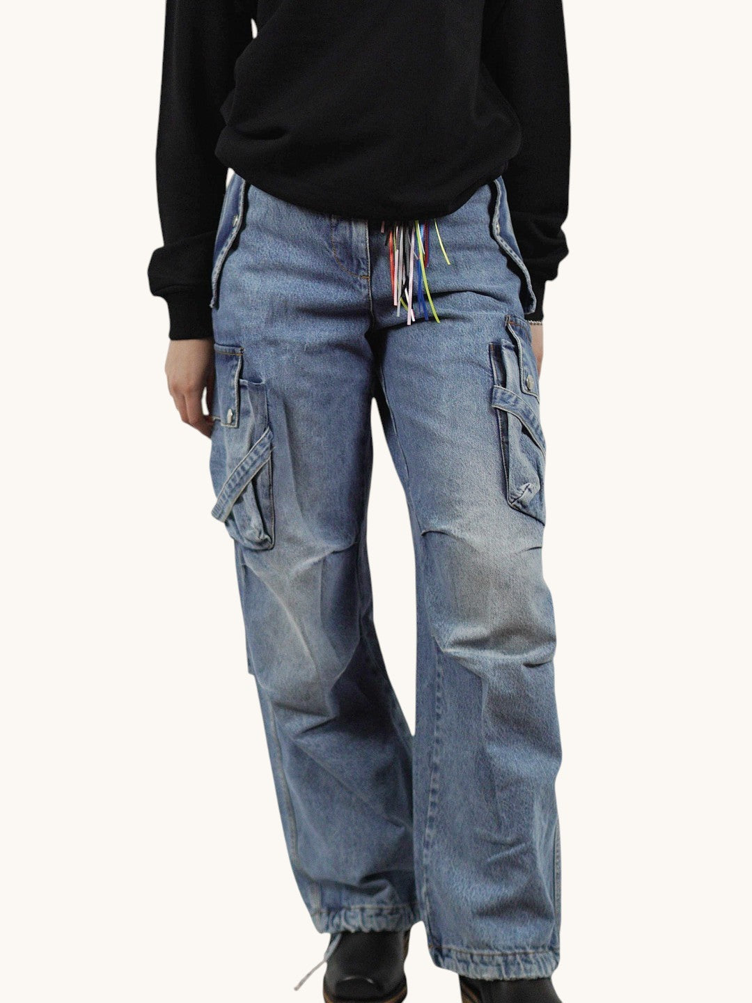 Numero 5 blue denim baggy cargo pants for women, 100% cotton, with multiple pockets and belt loops.