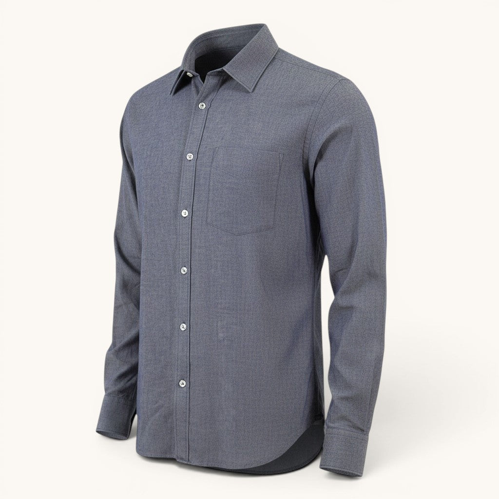 Numero 5 blue cotton blend long sleeve shirt with three pockets and button-down collar.