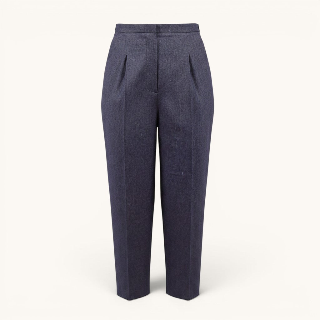 Numero 5 women's blue cotton-linen blend straight-leg cropped trousers with belt loops and a regular fit.