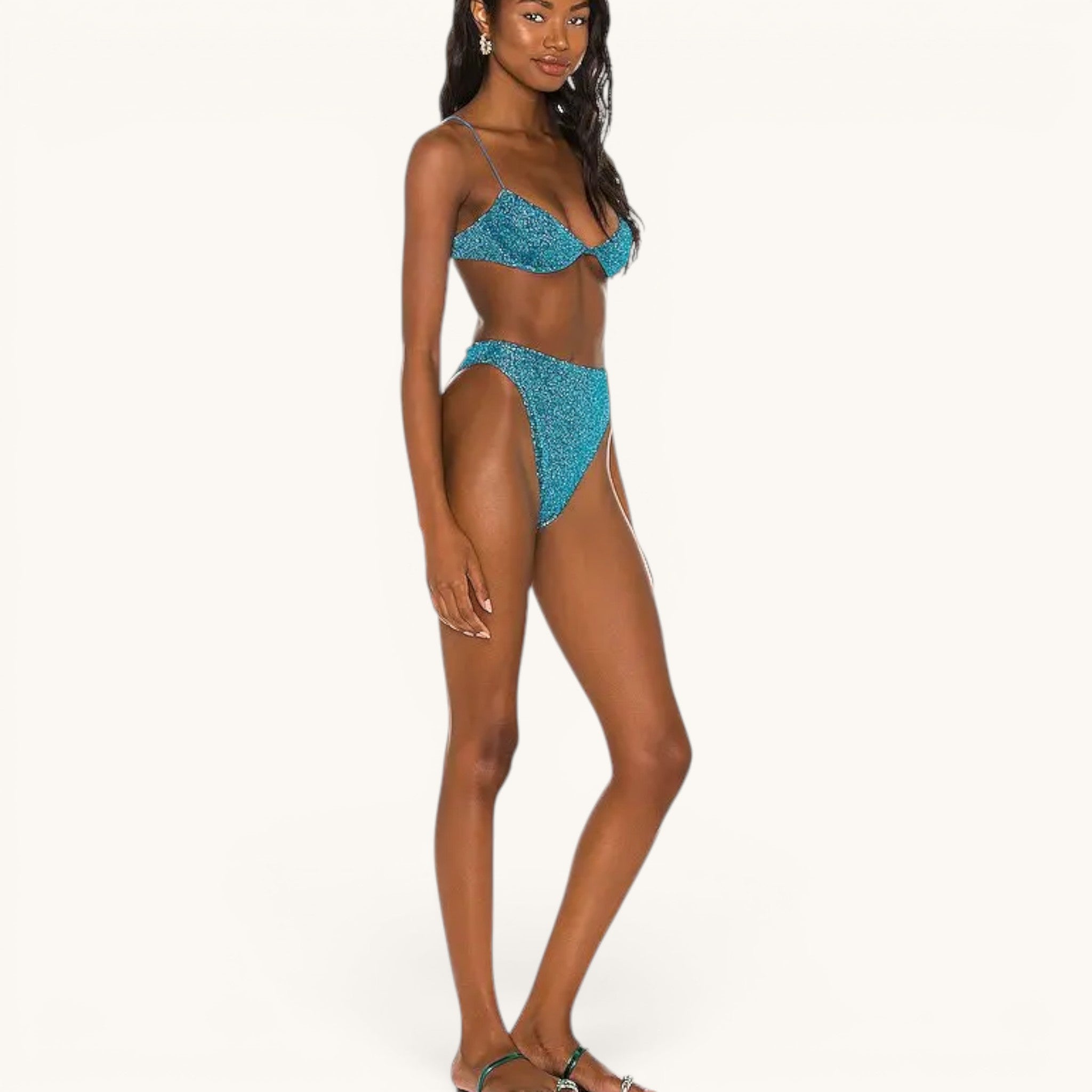 Numero 5 blue lurex bikini with high-waisted bottoms and a minimal design, made of polyamide and lurex.