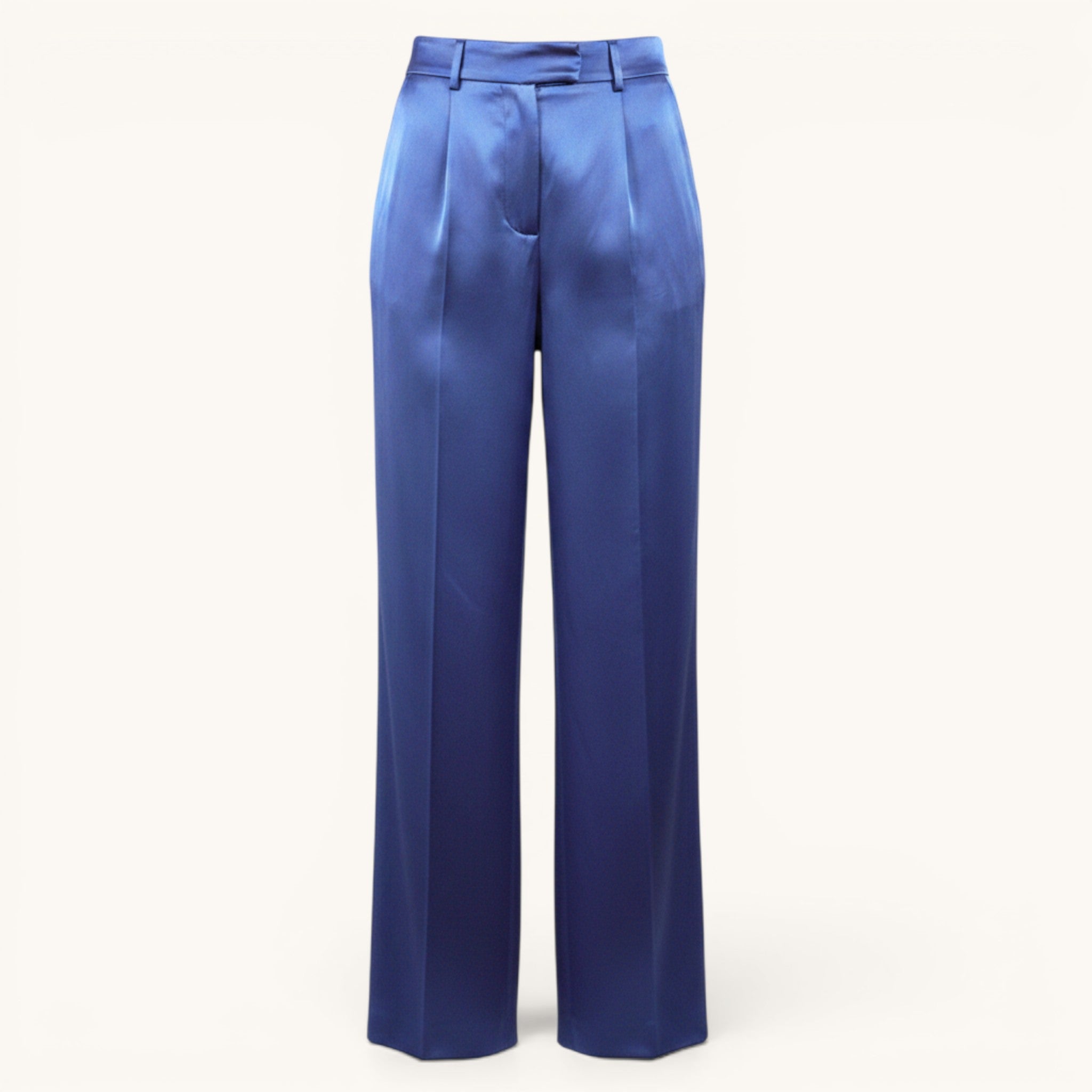 Numero 5 women's blue satin palazzo pants with regular fit, belt loops, and back pocket. Made of acetate and silk.