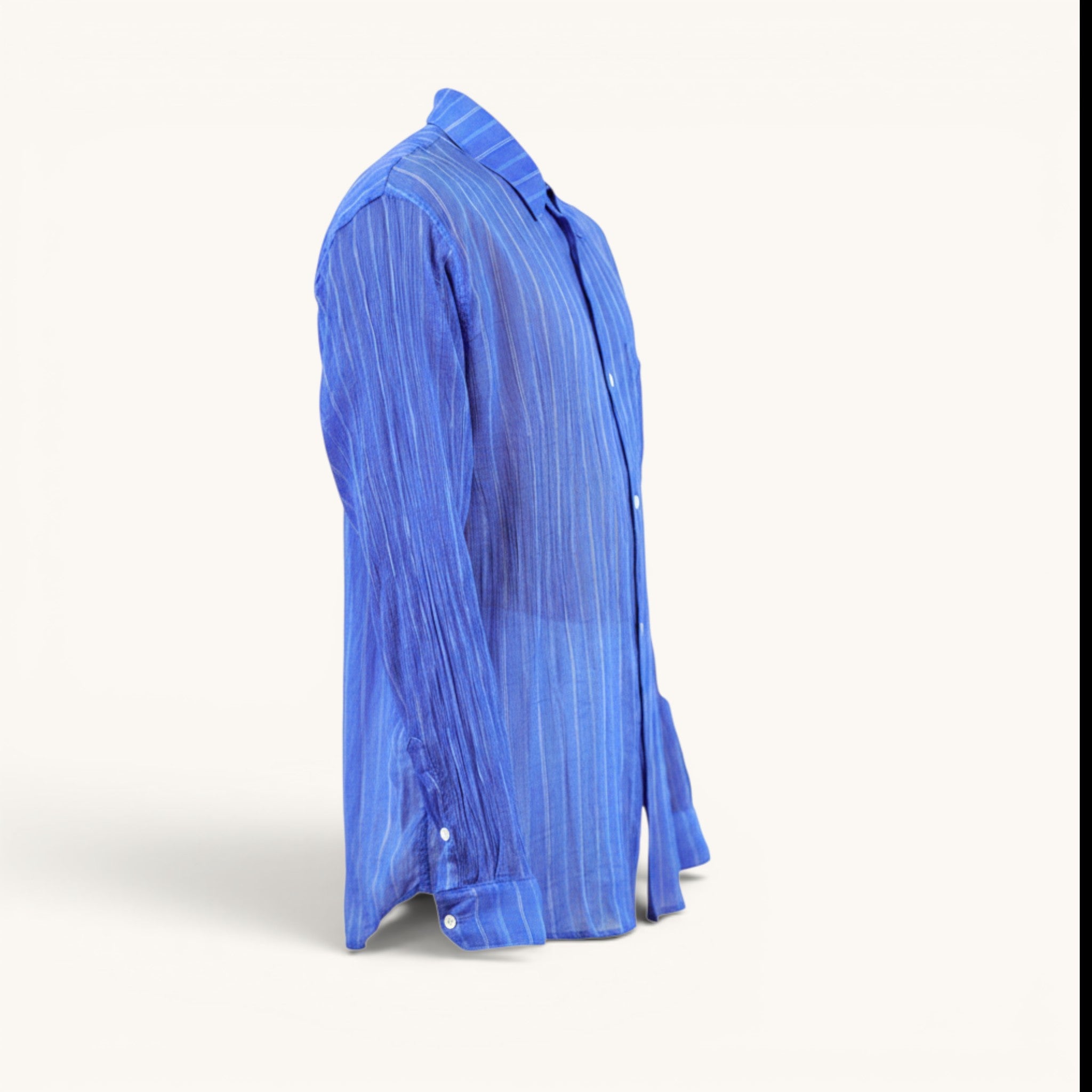 Numero 5 men's blue cotton-blend shirt with classic collar and vertical stripe texture. Regular fit, essential design.