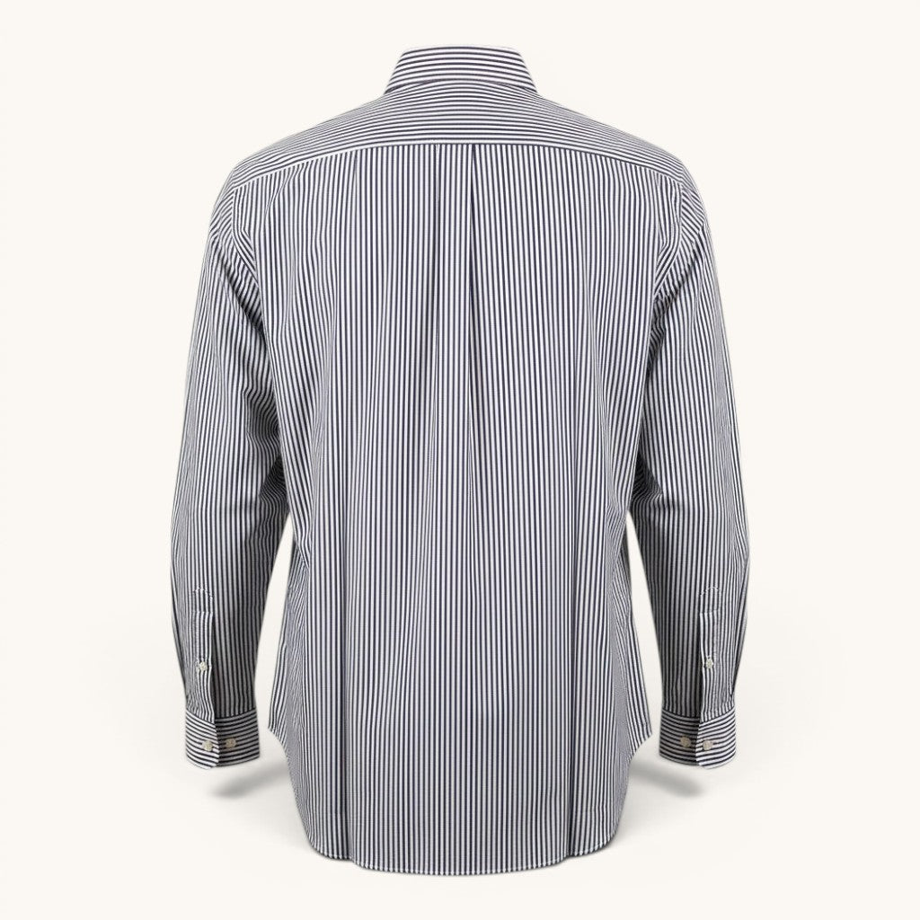 Numero 5 white and blue striped 100% cotton button-up shirt.