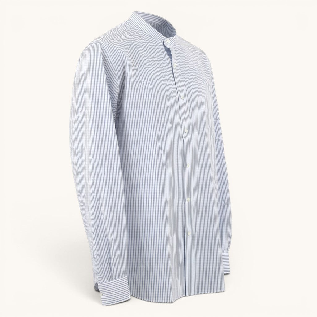 Numero 5 white and blue striped seersucker cotton shirt with band collar