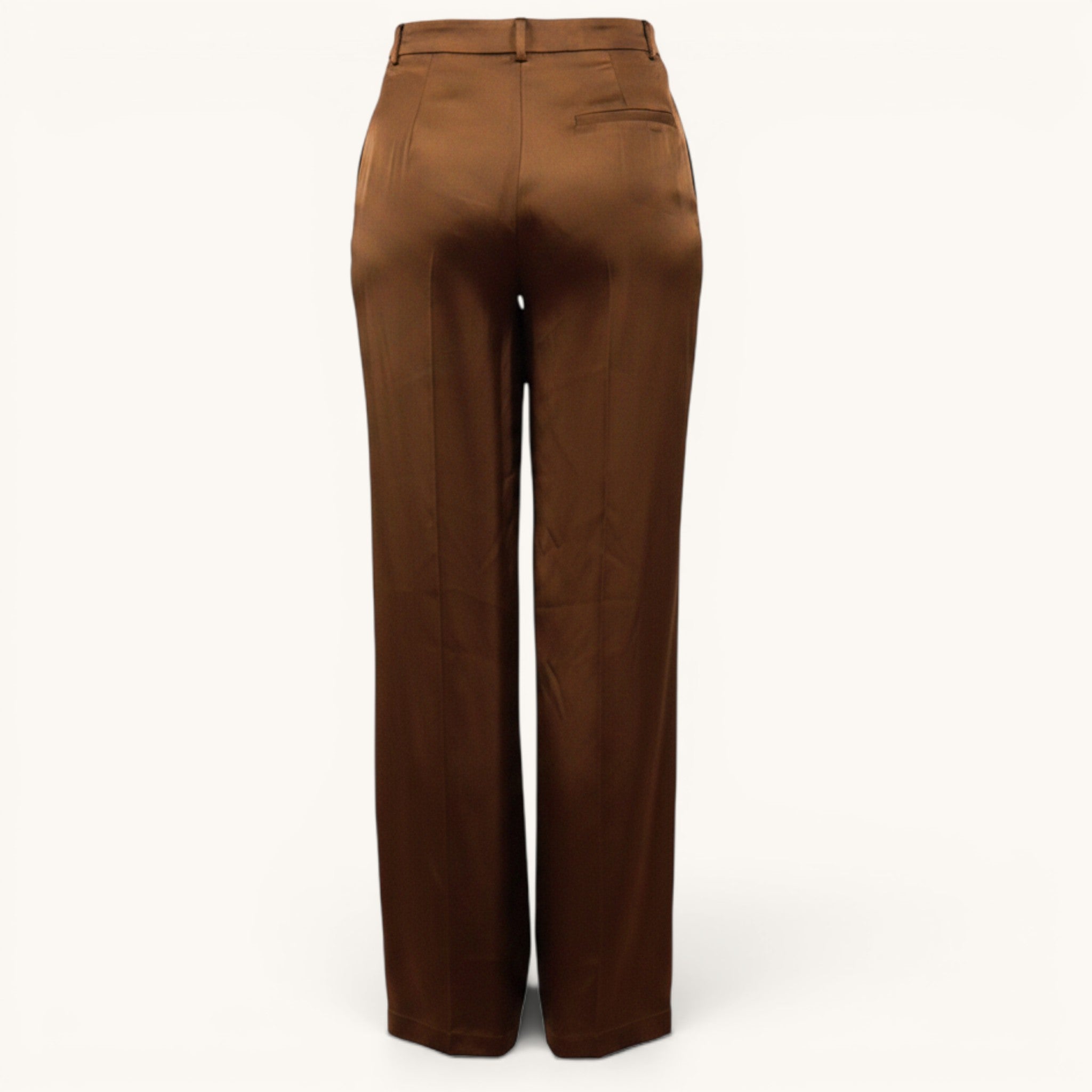 Numero 5 brown acetate and silk palazzo pants with belt loops and back pocket. Women's regular fit.