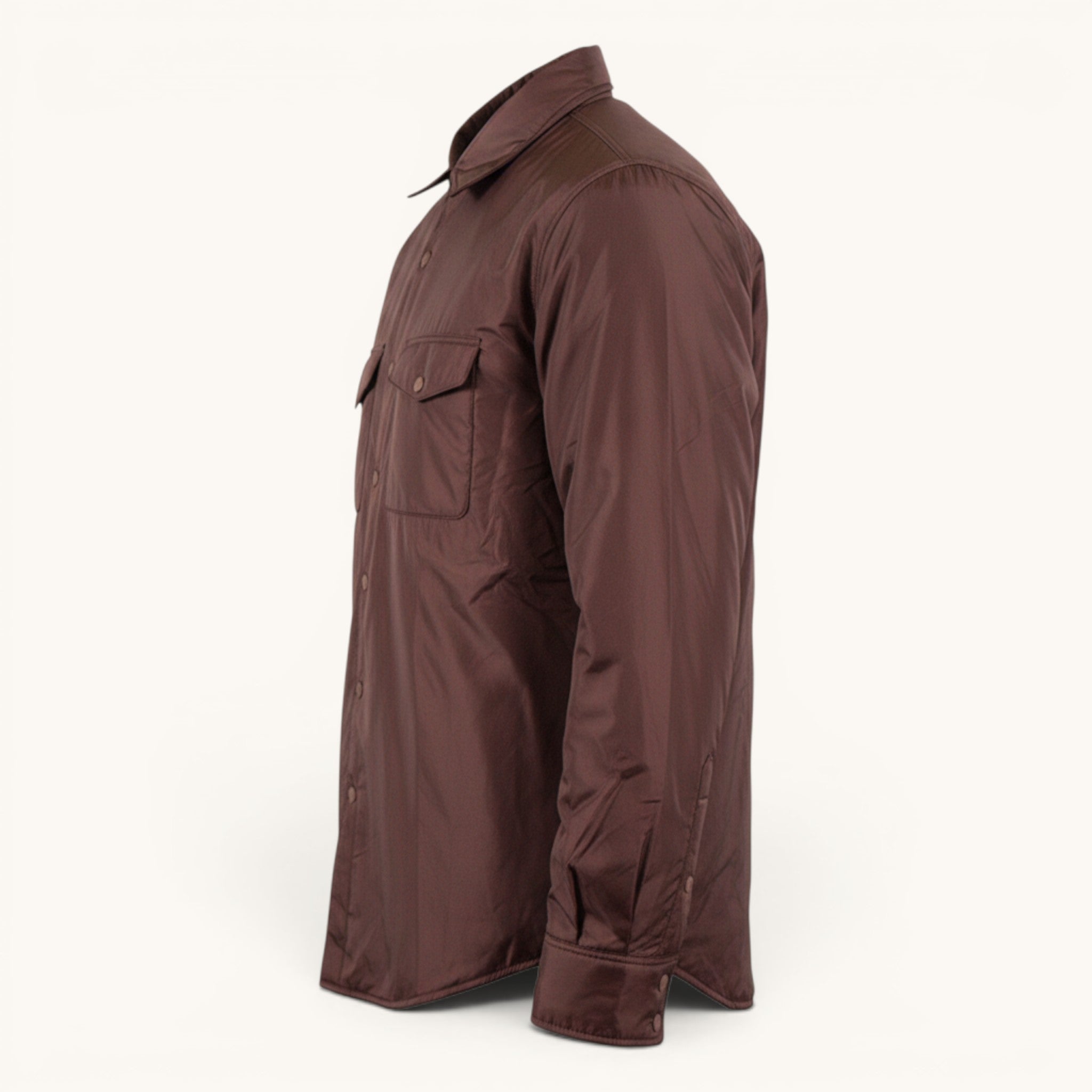 Numero 5 men's brown button-up shirt with two chest pockets and a collared neckline.