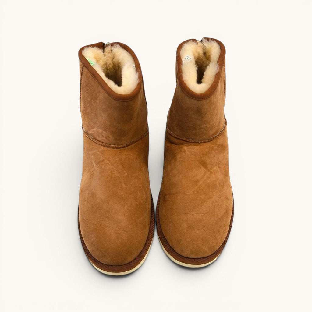 Numero 5 brown suede sheepskin lined ankle boots with a rounded toe and thick sole.