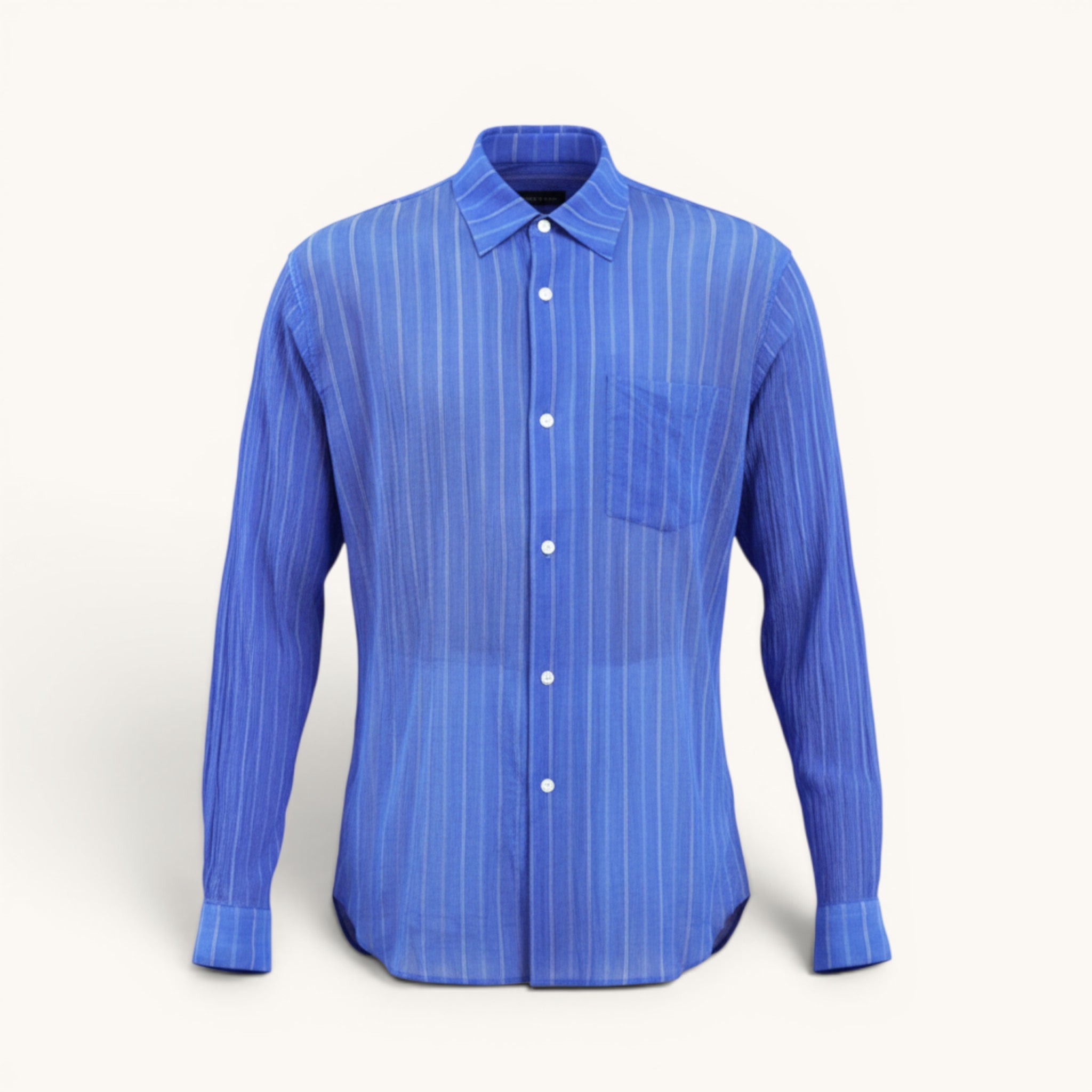 Numero 5 camicia blu in cotone e poliammide con colletto classico e maniche lunghe, vestibilità regular fit.