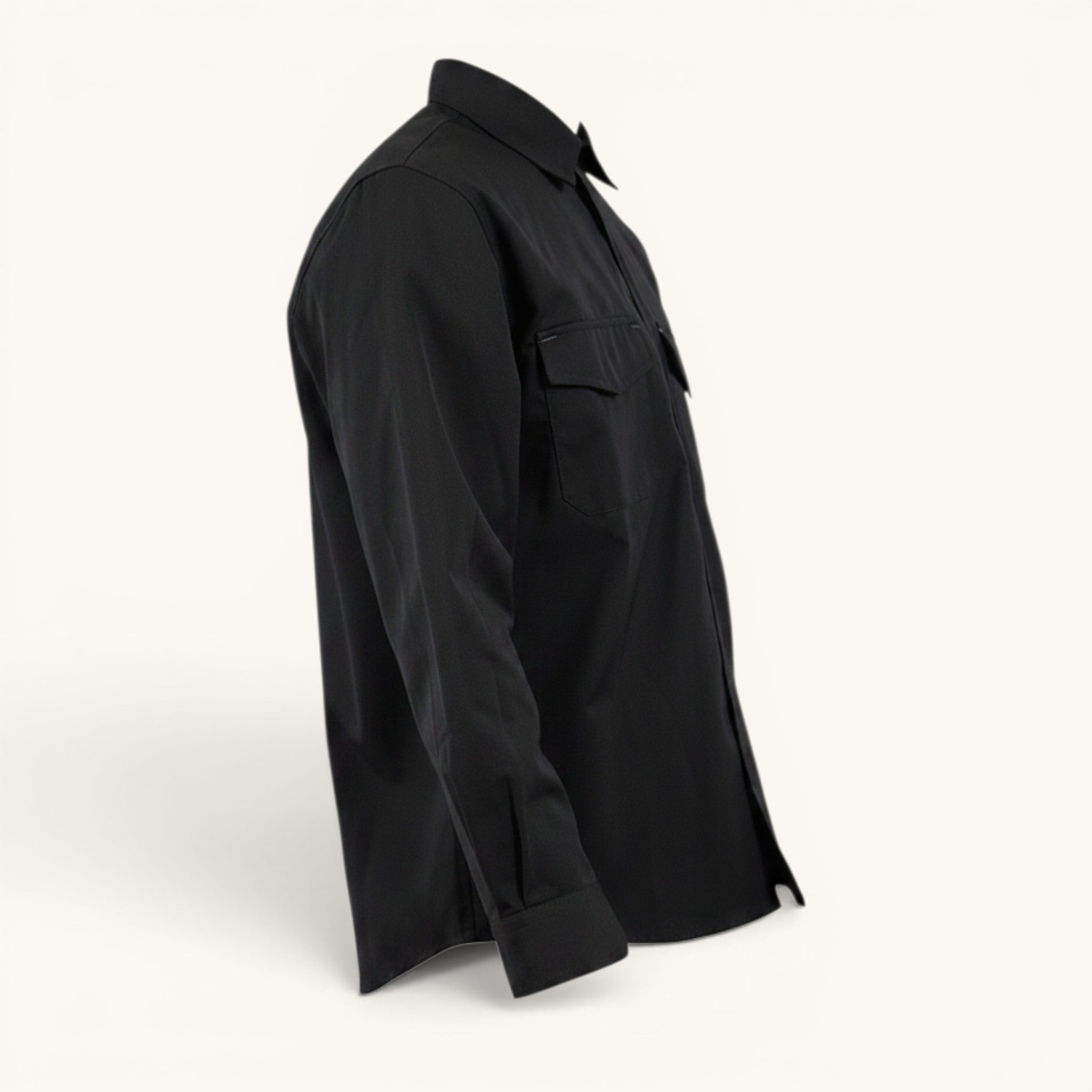 Numero 5 men's black polyester regular fit shirt with classic collar and button closure, two chest pockets.
