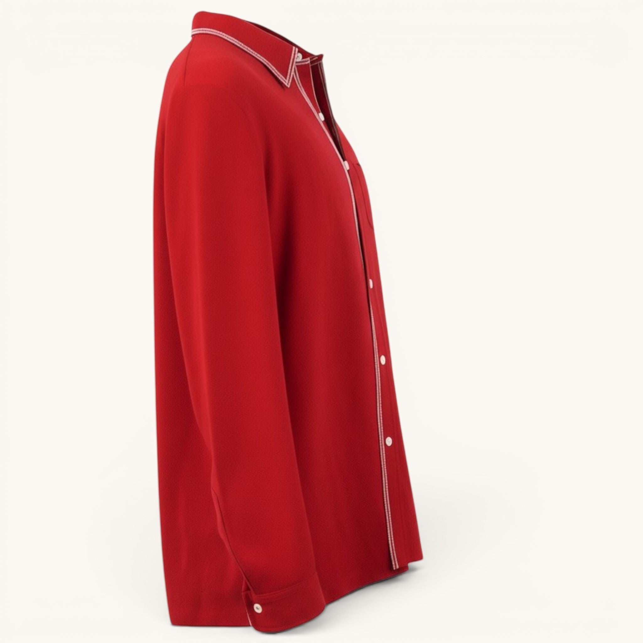Numero 5 men's red viscose and virgin wool blend shirt with white contrast stitching and button closure.