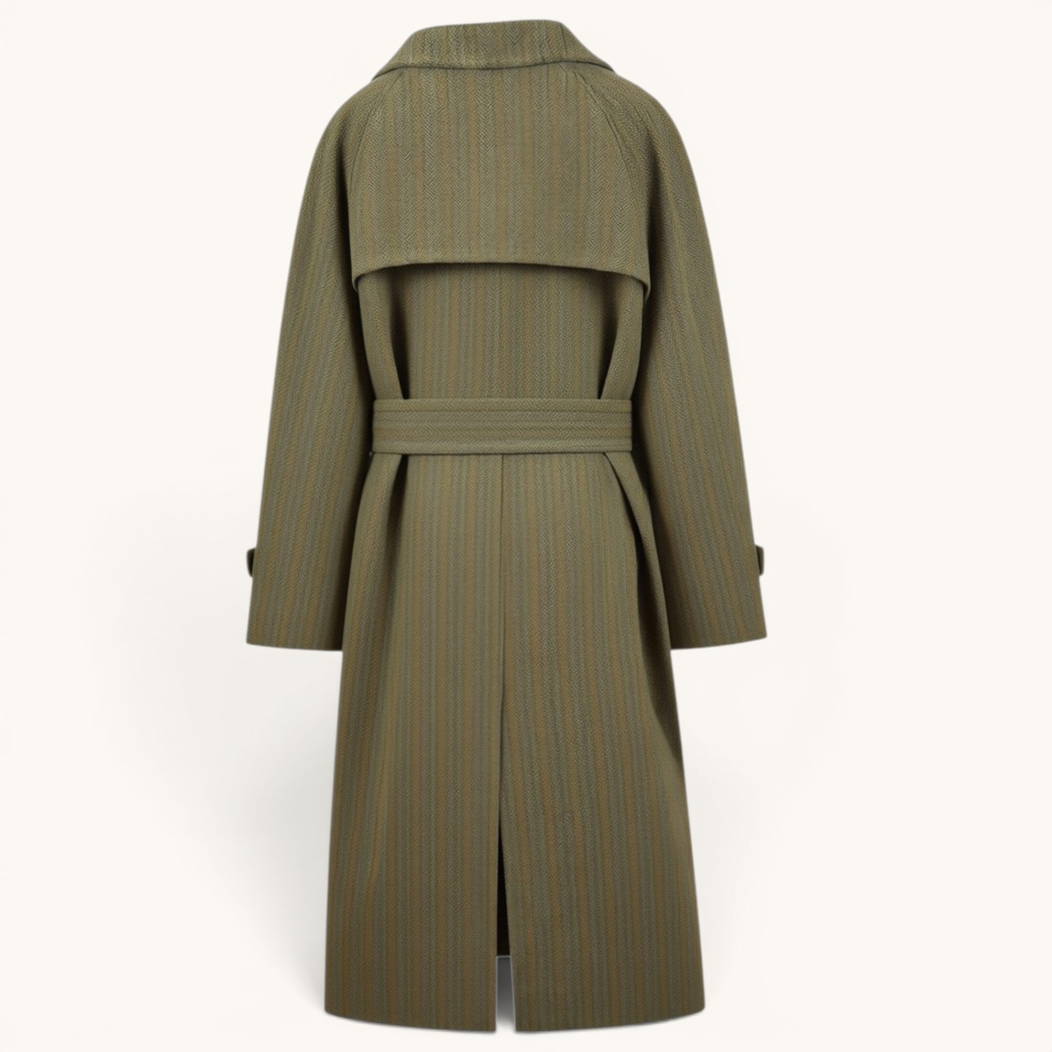 Numero 5 Cappotto Aspesi verde in lana vergine con cintura e tessuto spinato a righe, doppiopetto, vestibilità regular.