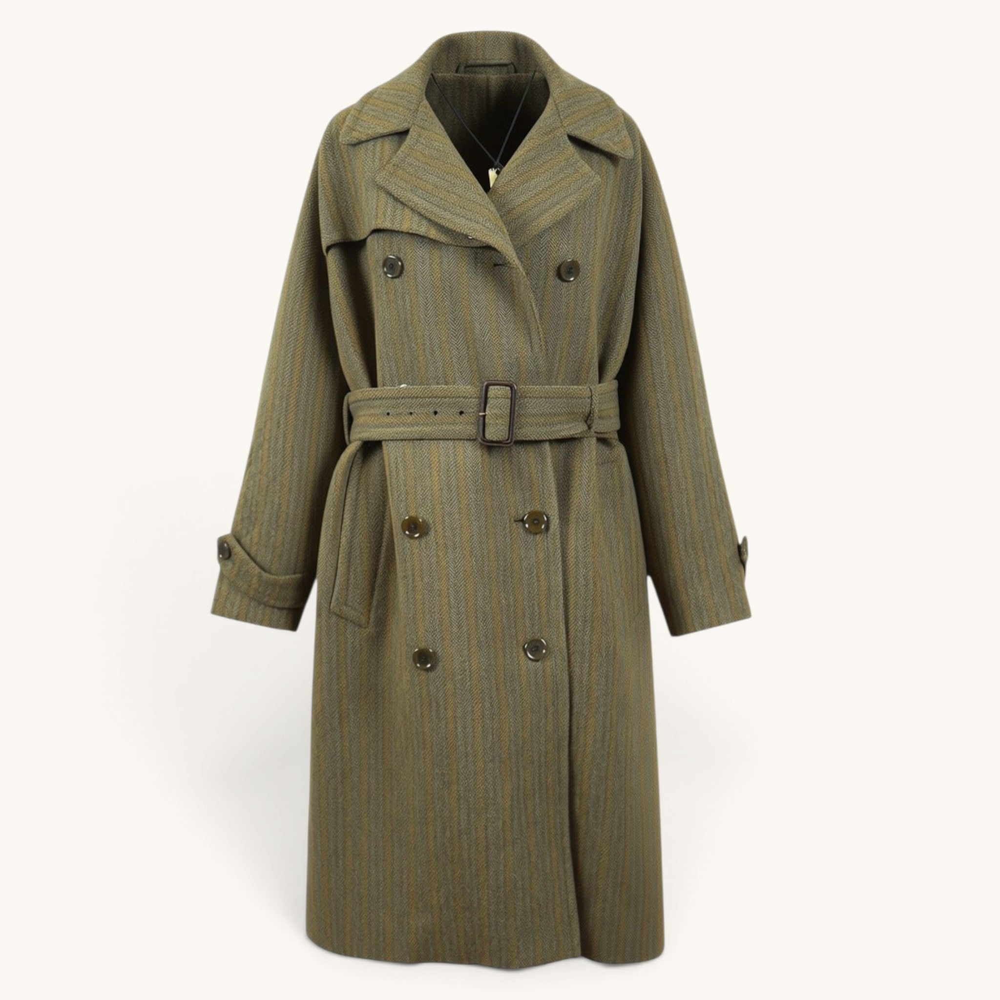 Numero 5 Cappotto Aspesi verde in lana vergine a righe spinato, doppiopetto con cintura e fodera in viscosa.