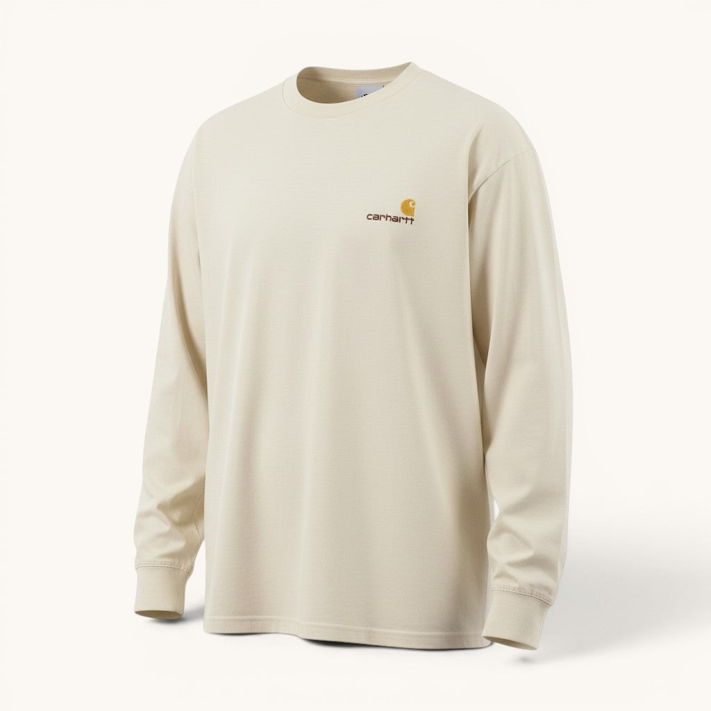 Numero 5: Carhartt WIP men's cream long sleeve t-shirt, 100% cotton, regular fit, minimal design with embroidered logo.