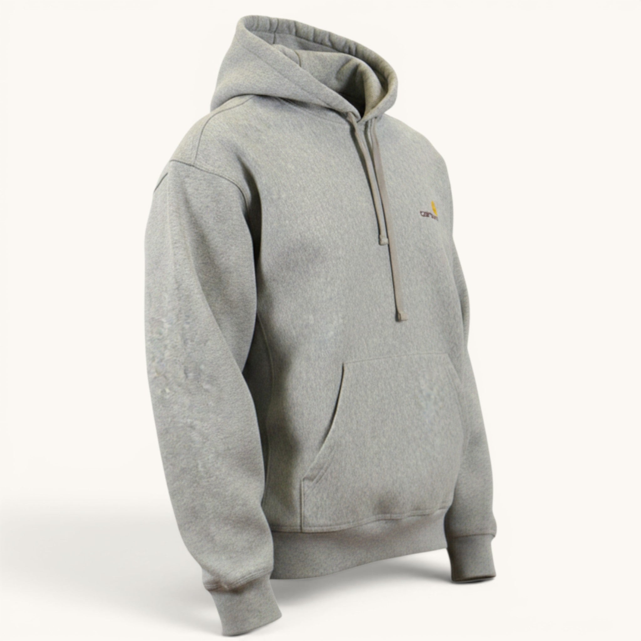Numero 5 Felpa con cappuccio grigia da uomo Carhartt WIP in misto cotone e poliestere con logo giallo sul petto e tasca a marsupio.