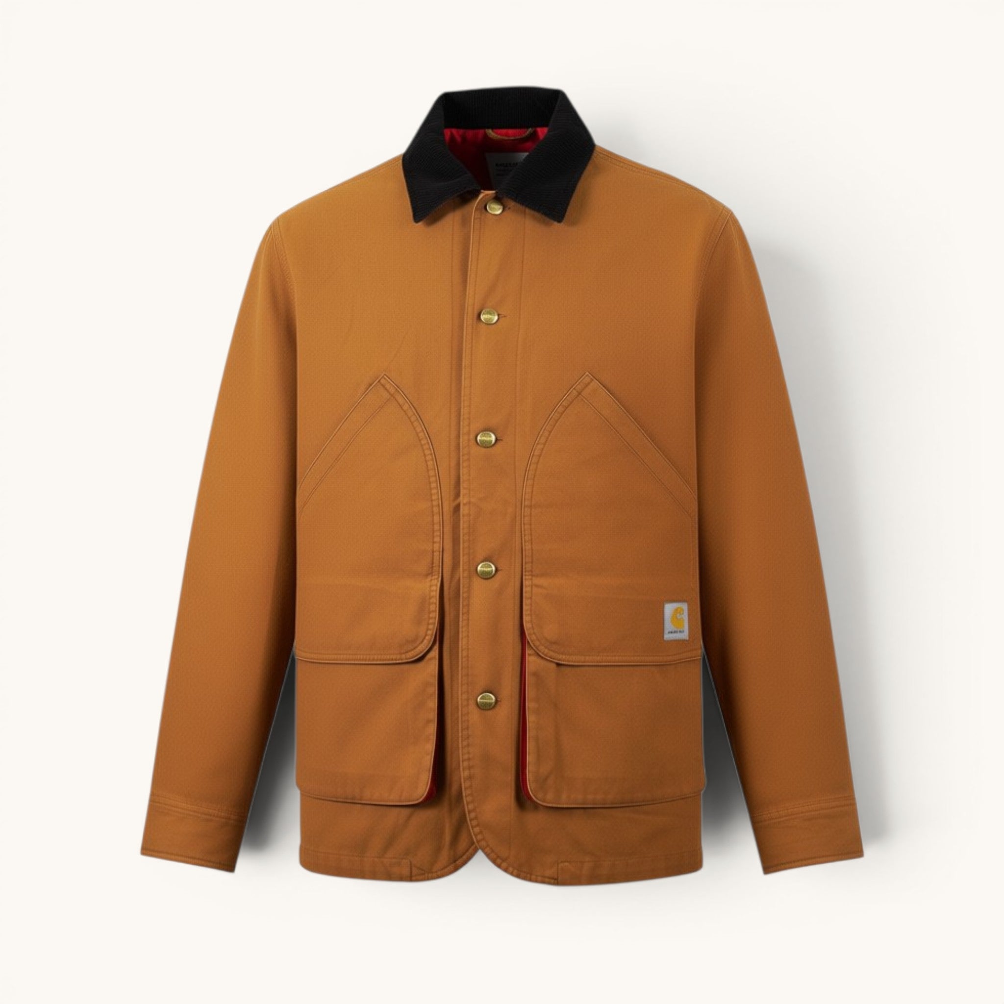 Numero 5 Giubbotto marrone e rosso Carhartt WIP in cotone con colletto nero e fodera rossa. Vestibilità regolare, ideale per l'inverno.
