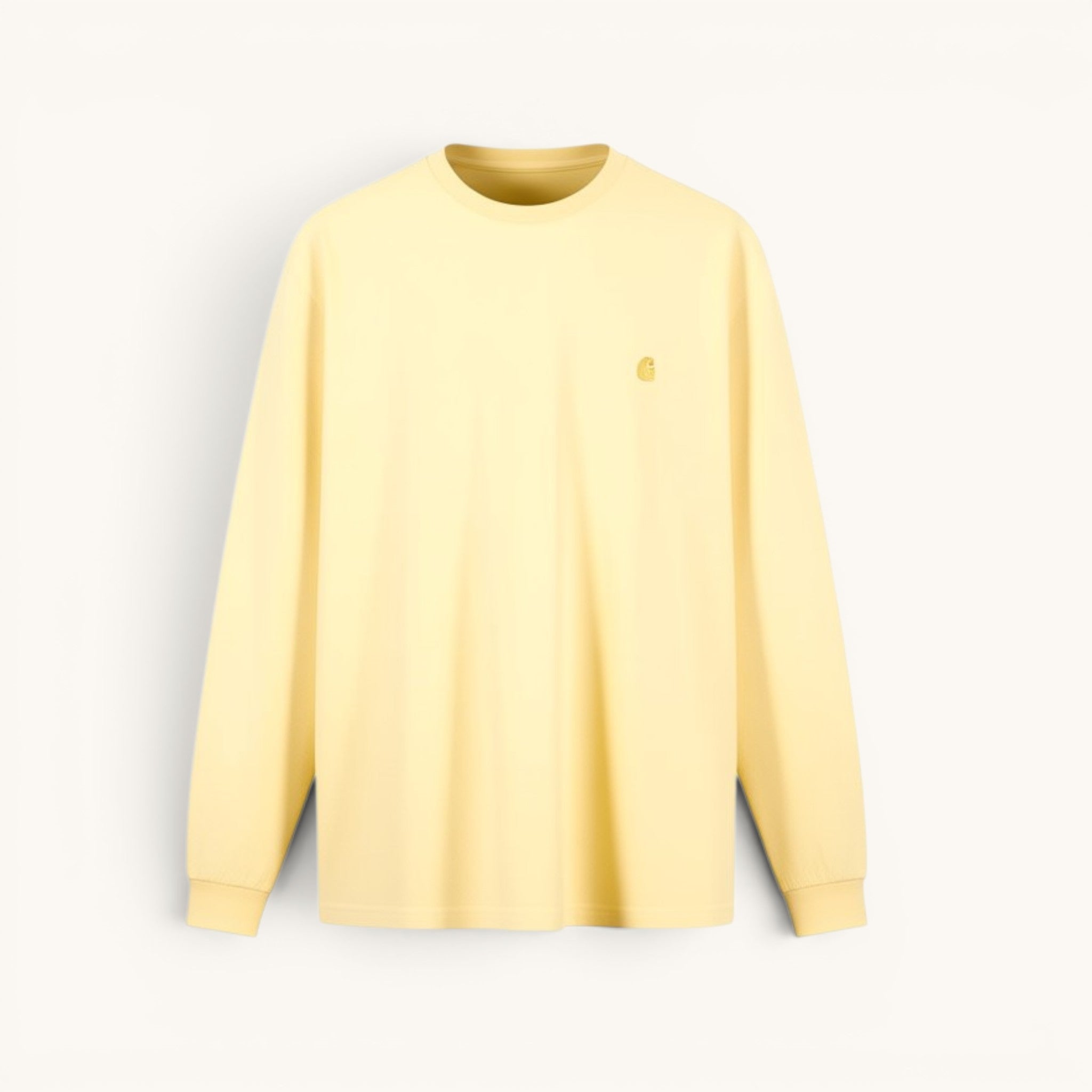 Numero 5 Maglia gialla Carhartt WIP a manica lunga da uomo, vestibilità regolare, leggera, con piccolo logo ricamato sul petto.