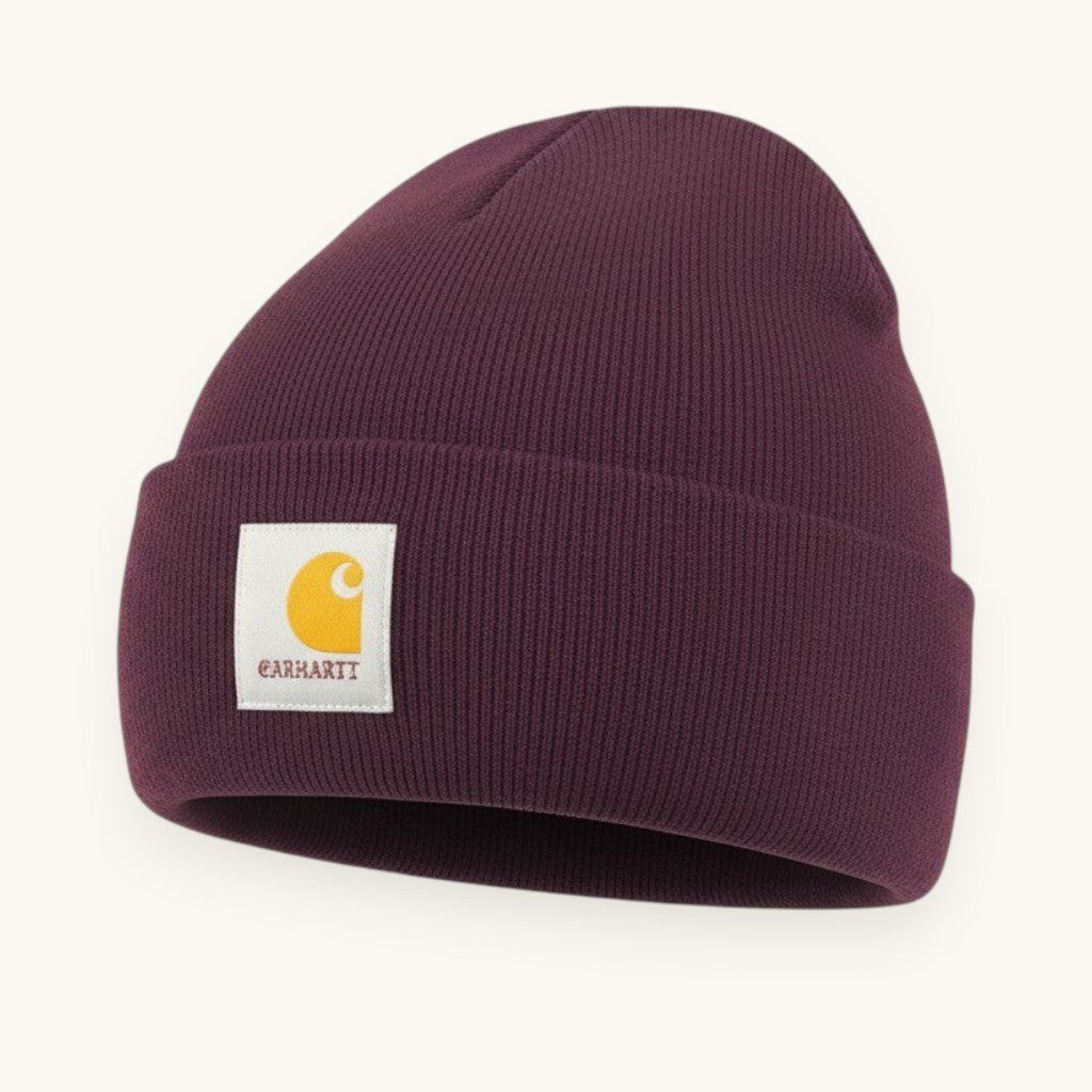 Numero 5 Carhartt WIP purple acrylic beanie with embroidered logo patch. Streetwear design, one size fits all.