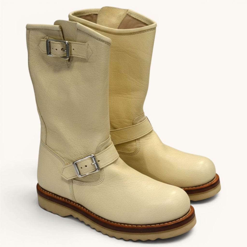 Numero 5 cream leather biker boots with buckle detail and thick sole.