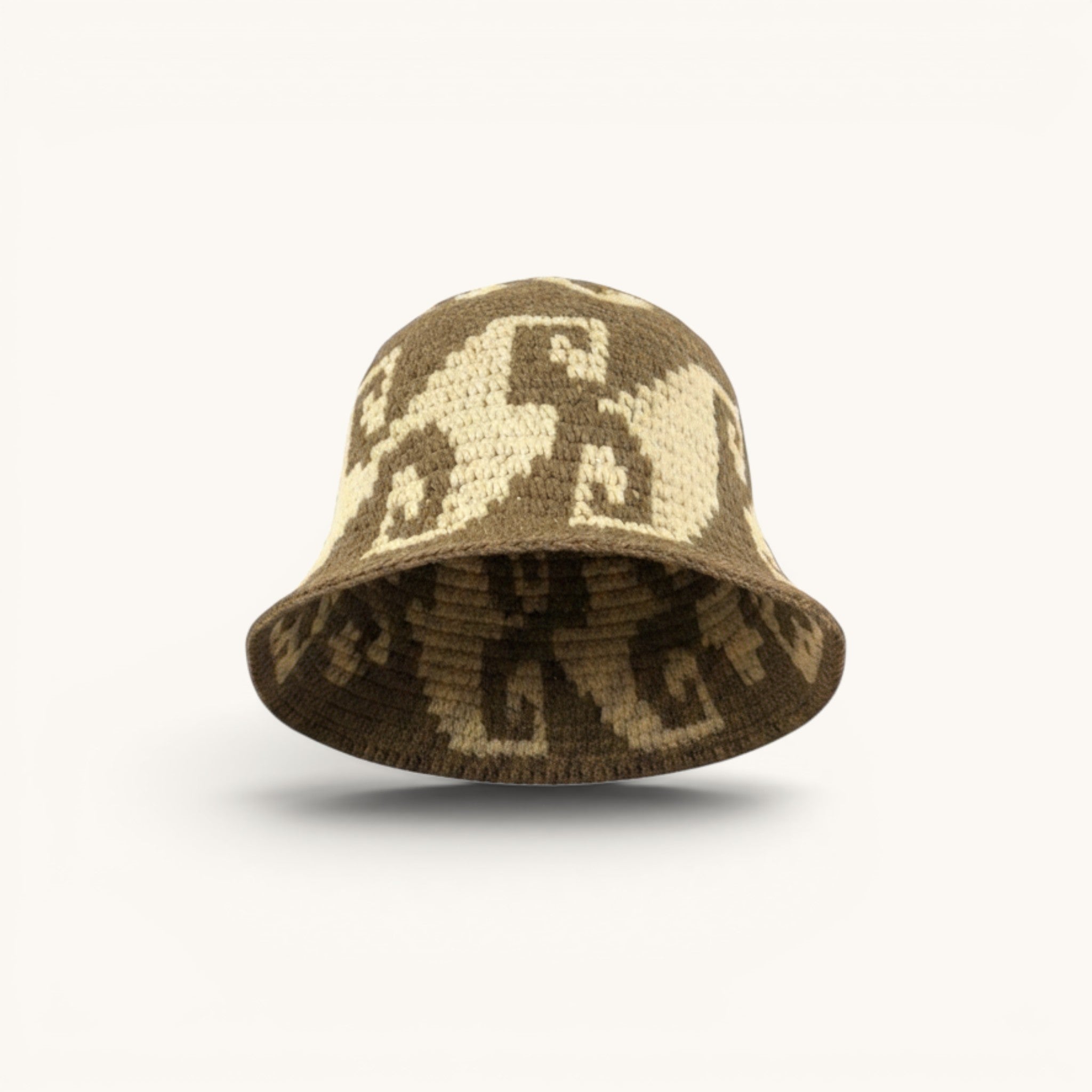 Numero 5 brown and cream crochet bucket hat with geometric pattern, 100% acrylic, streetwear style.