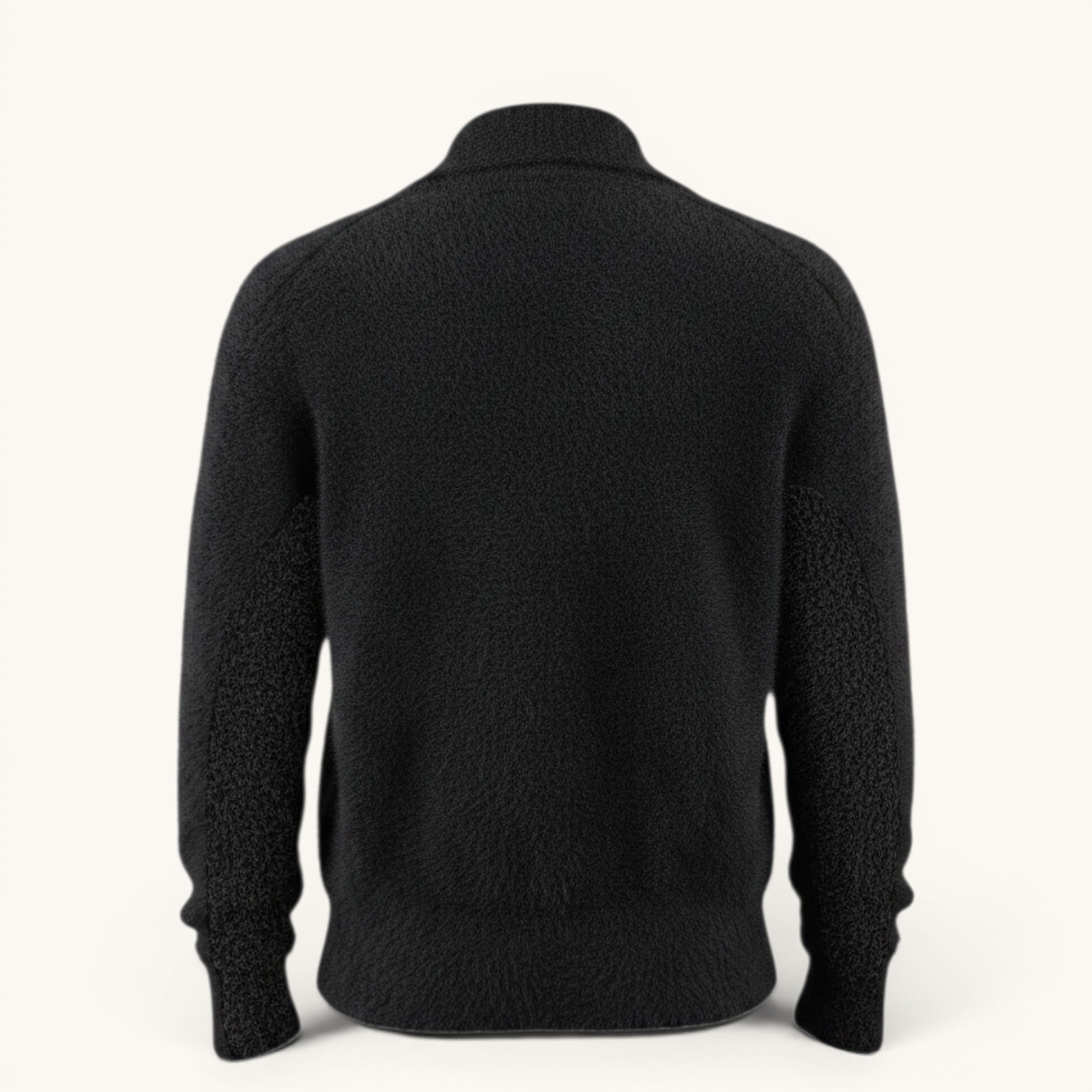 Numero 5 Dries Van Noten black fuzzy knit cardigan with a stand-up collar and ribbed cuffs and hem.