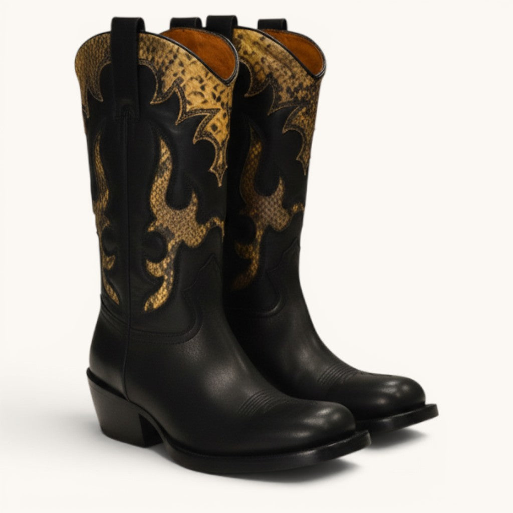Numero 5 Dries Van Noten black leather cowboy boots with tan python accents and pointed toe.