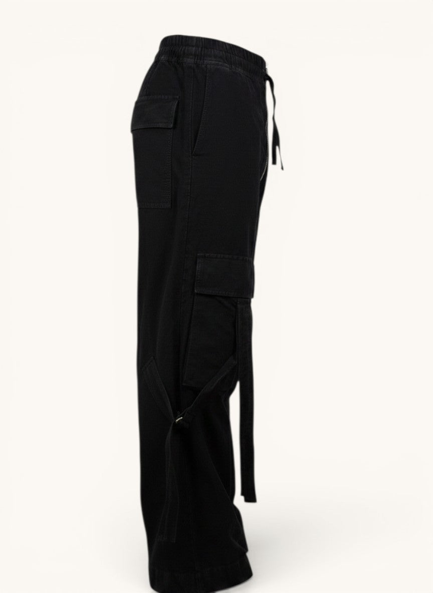 Numero 5 Dries Van Noten black wool cargo pants with zip fly and adjustable straps.