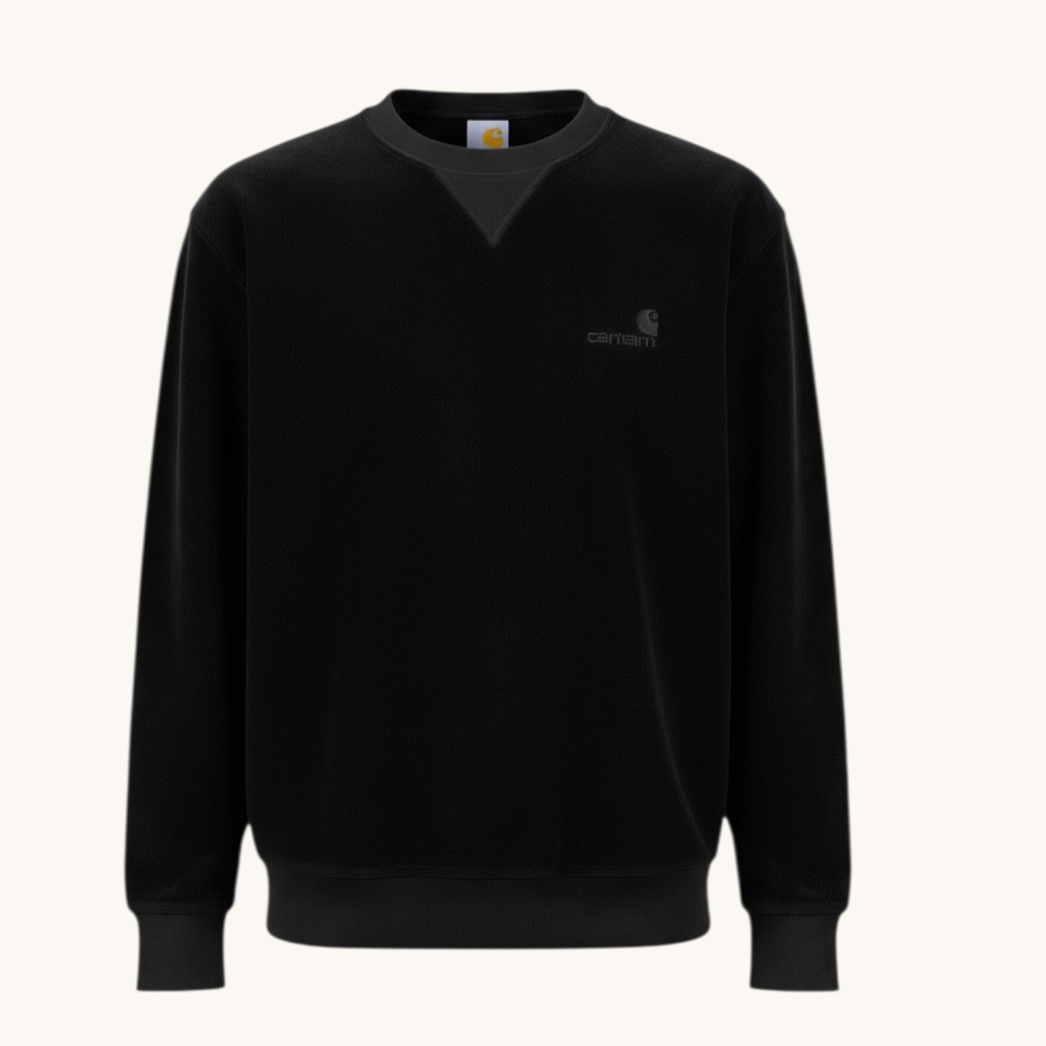 Numero 5 Felpa girocollo in velluto nera Carhartt WIP da uomo, 78% cotone 22% poliestere, con logo ricamato sul petto.