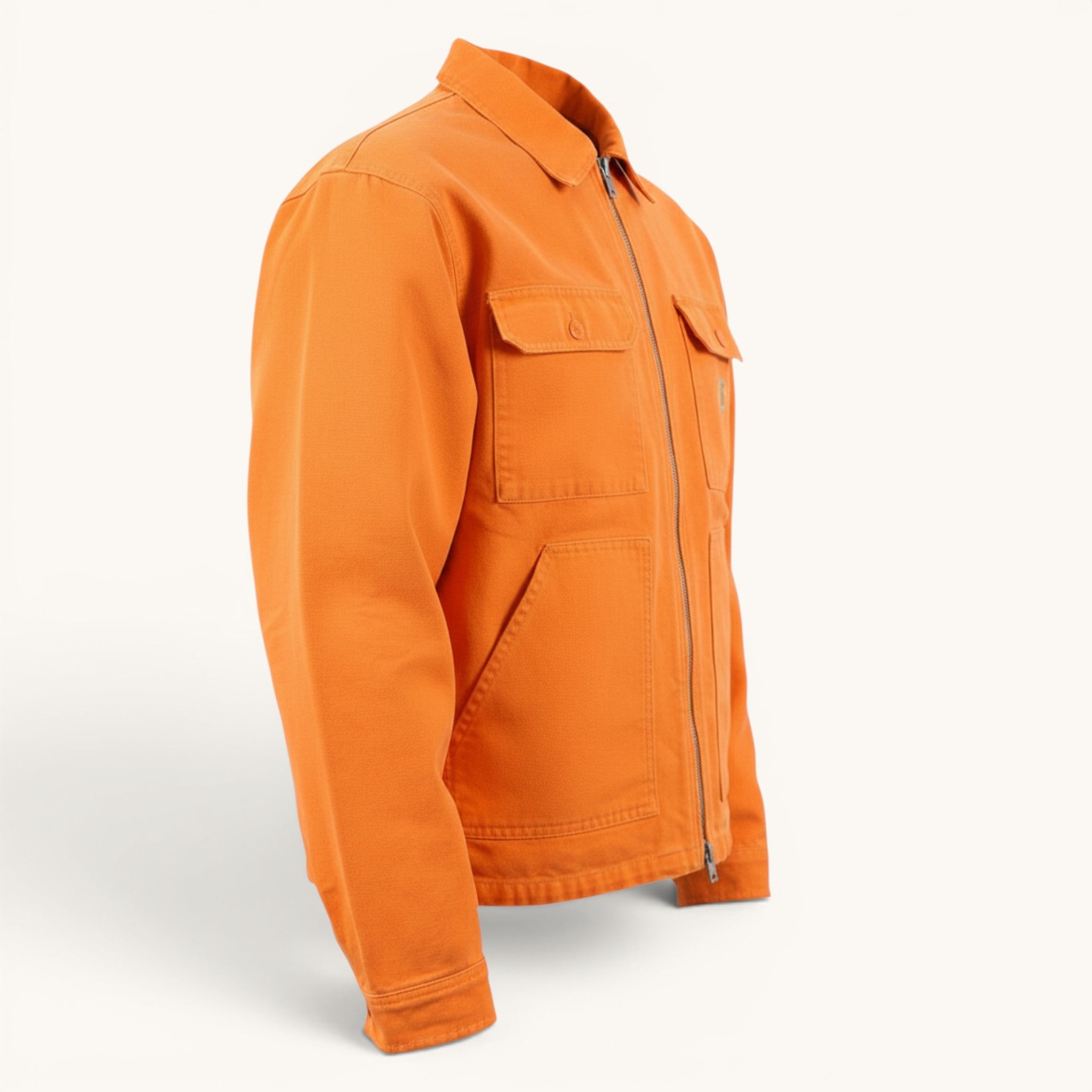 Numero 5 Giacca arancione da uomo in cotone, stile camicia con colletto grigio e tasche frontali.