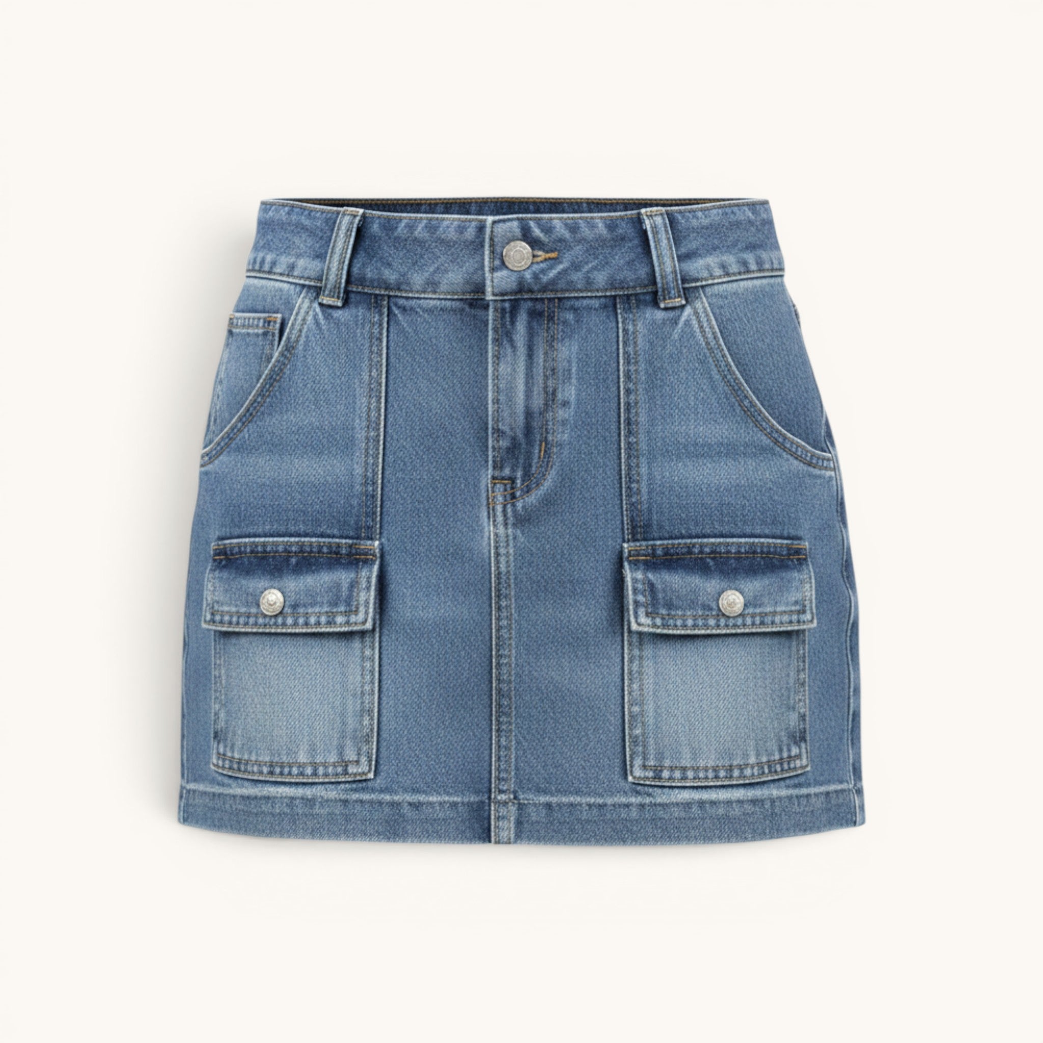 Numero 5 gonna mini in denim blu 100% cotone con passanti in vita e tasche cargo