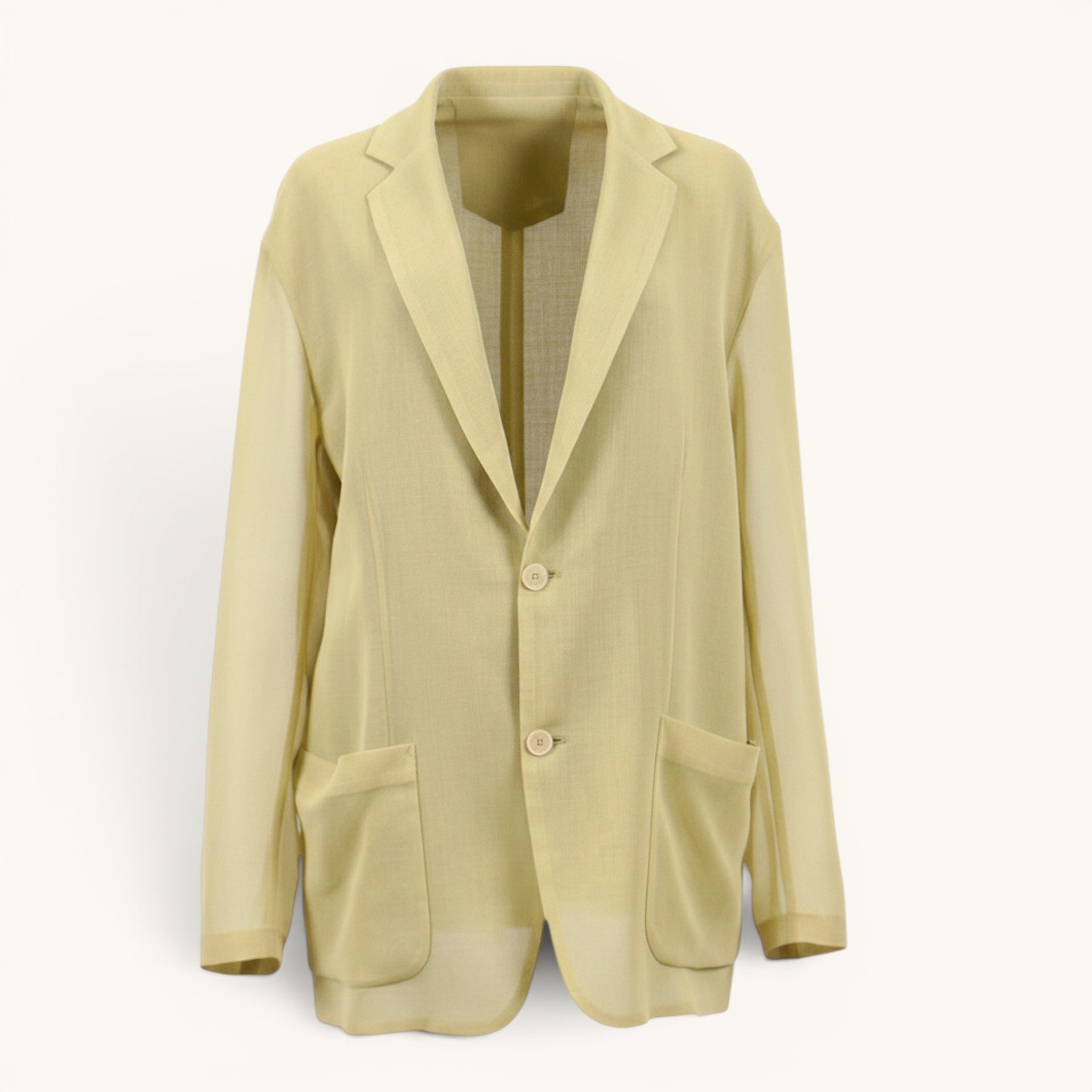Numero 5 green pea blazer Auralee, women's, regular fit, single-breasted, sheer sleeves, 75% wool, 25% polyester.
