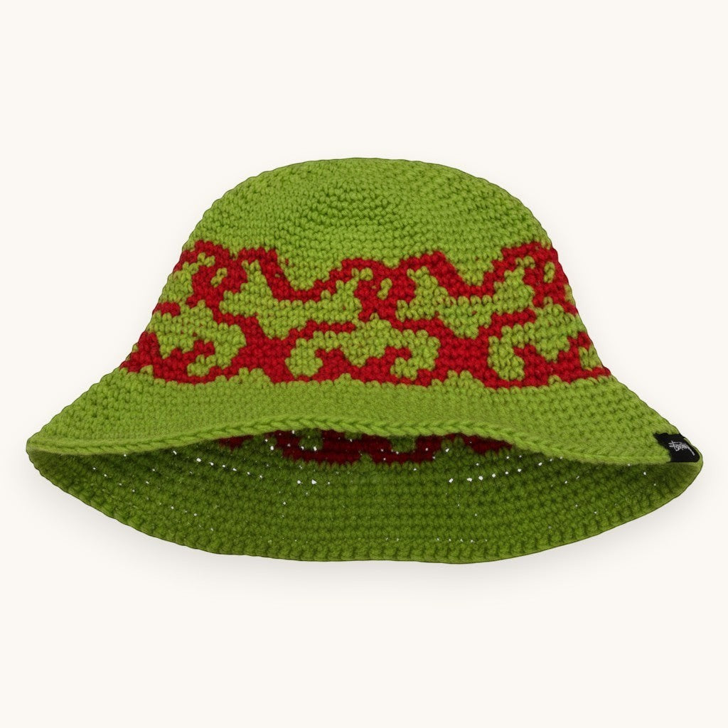 Numero 5 green crochet bucket hat with red abstract pattern, 100% cotton, one size fits all.