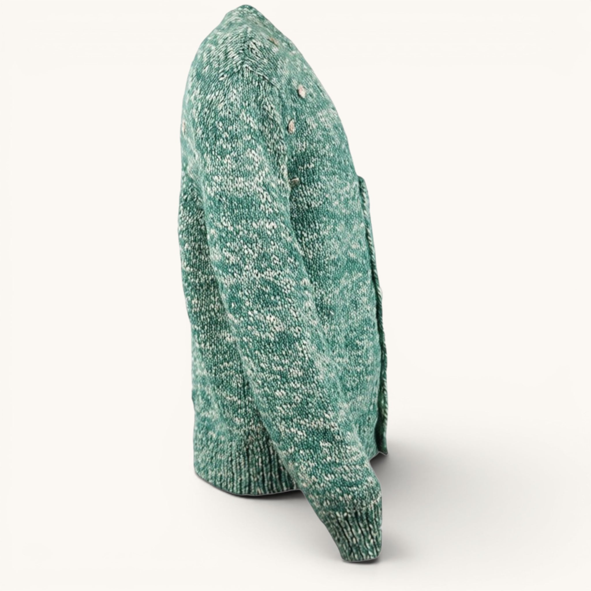Numero 5 men's green and white speckled 100% Merino wool cardigan with button closure.