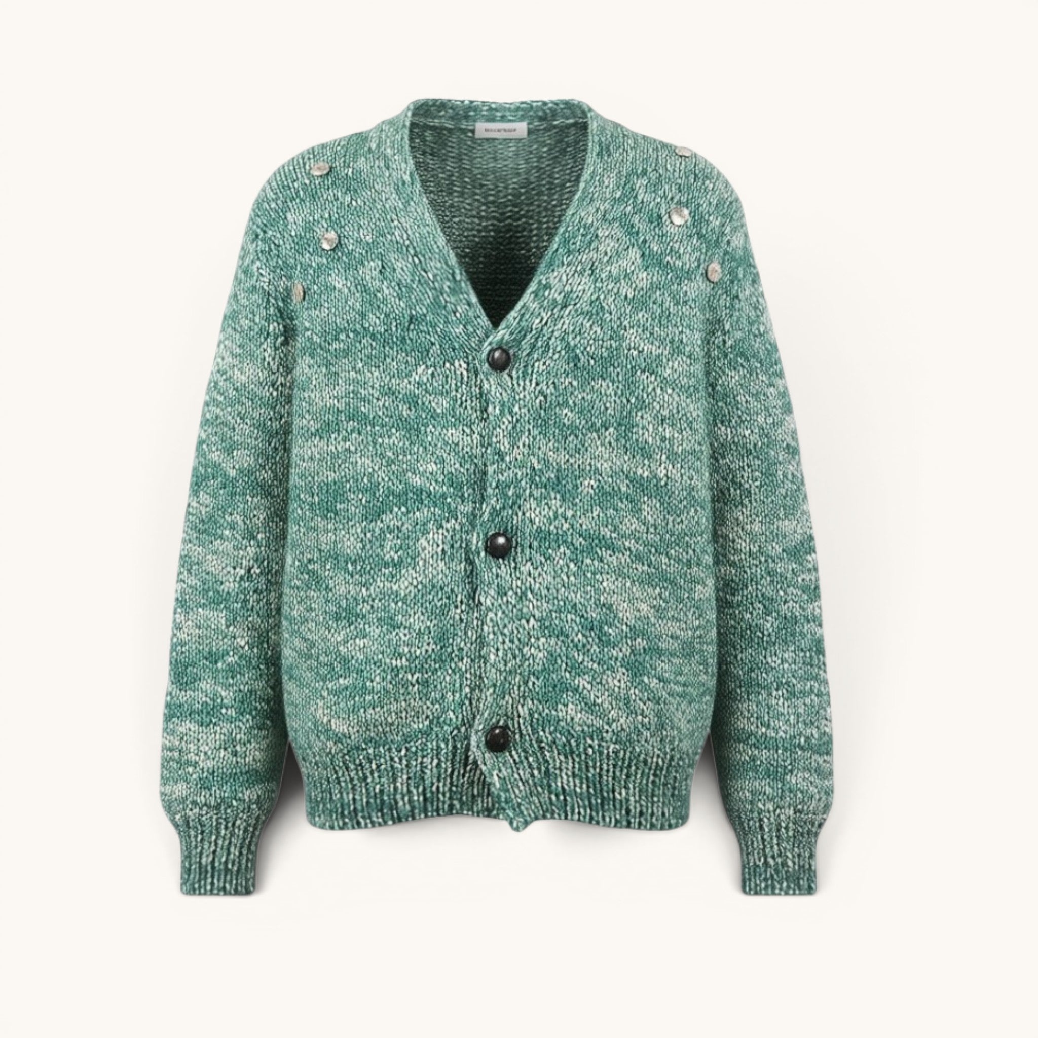 Numero 5 men's green and white marled 100% Merino wool cardigan with button closure and shoulder button details.