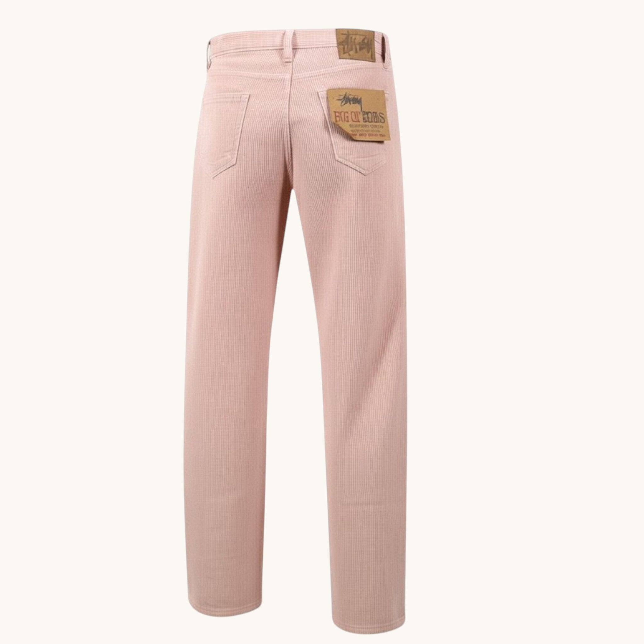 Numero 5 jeans rosa in velluto a coste da uomo, 100% cotone, vestibilità regolare, con etichetta in pelle sul retro.