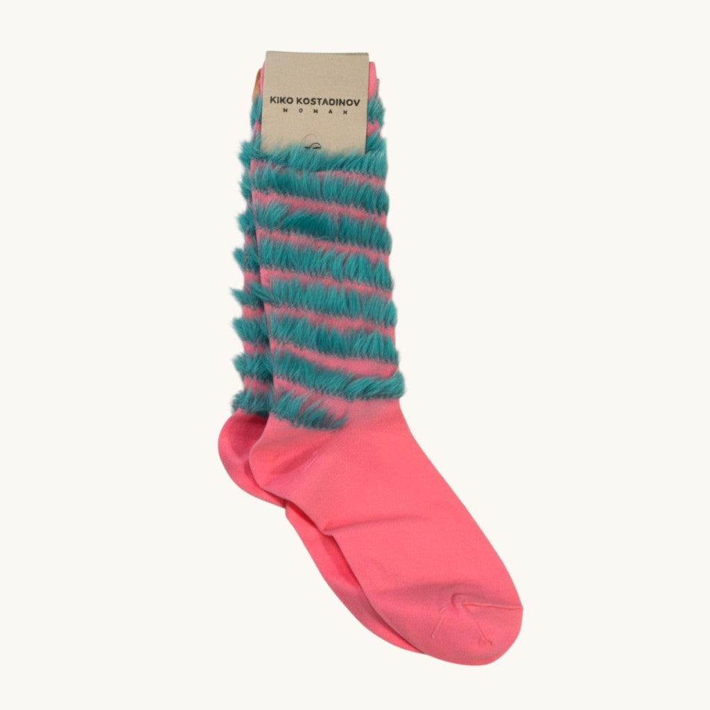 Numero 5 Kiko Kostadinov pink socks with teal fuzzy stripes and minimal design. Made of 80% nylon, 20% polyester.