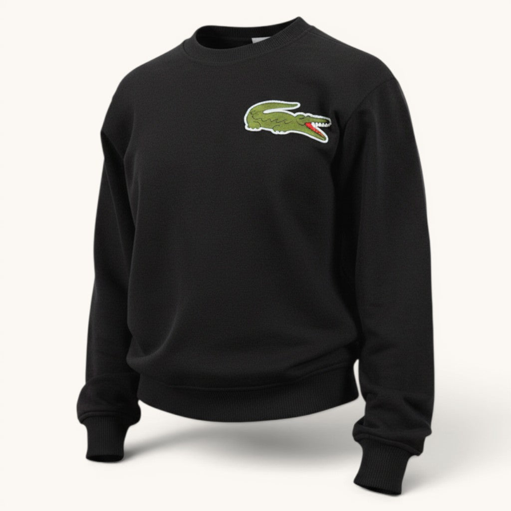 Numero 5 women's black cotton crewneck sweatshirt with embroidered Lacoste logo on the chest.