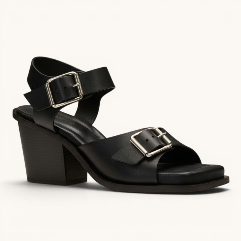 Numero 5 Lemaire black leather square-toe sandals with silver buckle detail and block heel.