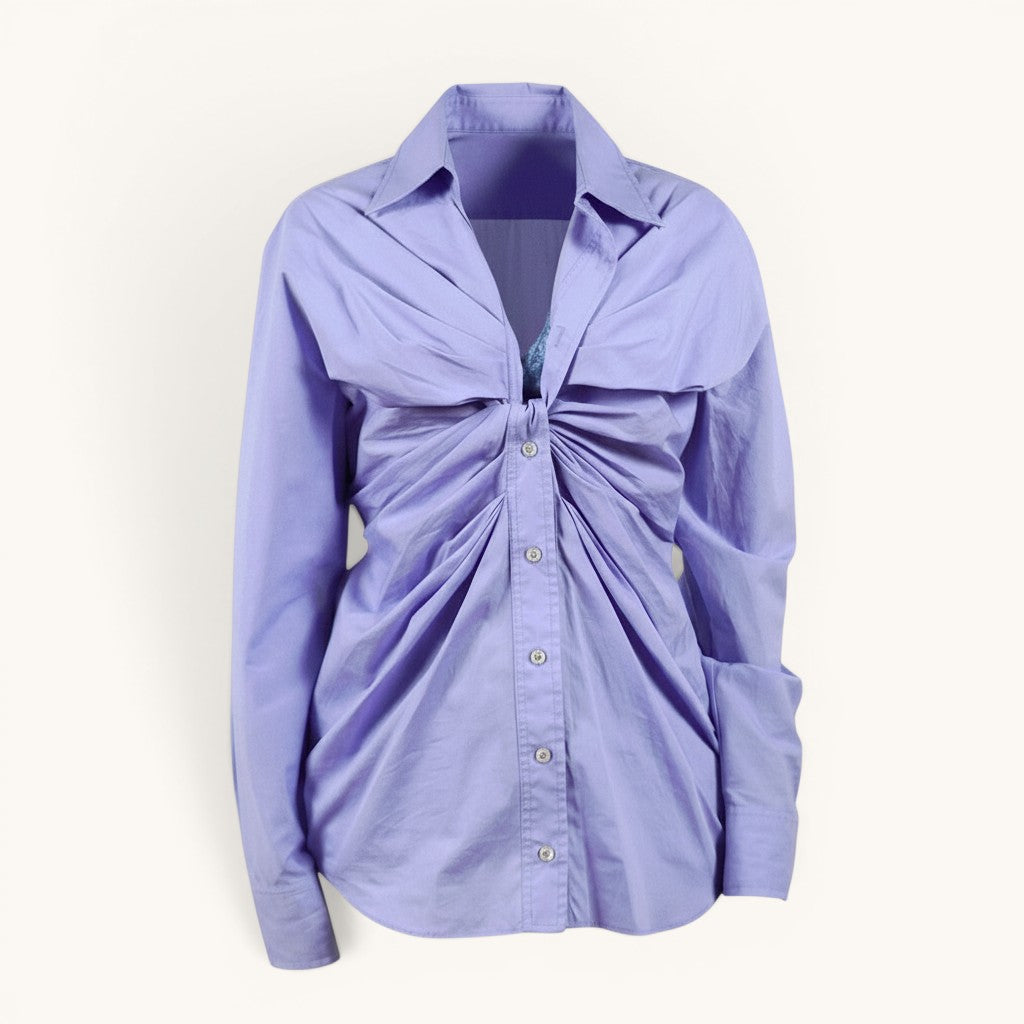 Numero 5 women's light purple 100% cotton ruched button-down shirt with a deep V-neck.