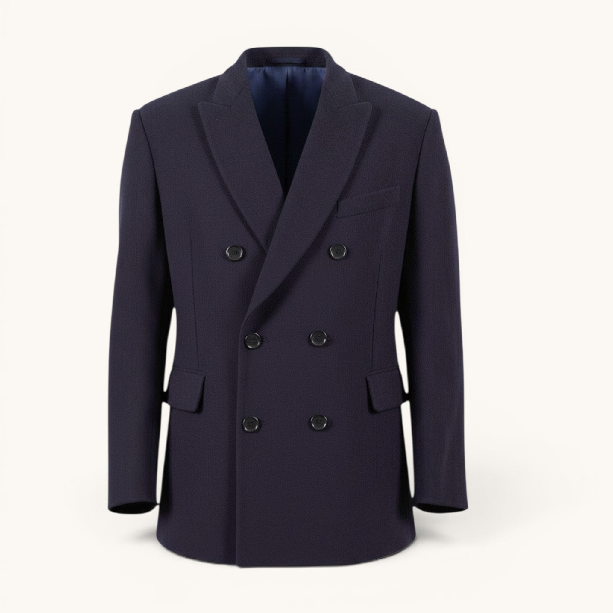 Numero 5 men's navy blue virgin wool double-breasted structured blazer with viscose lining.