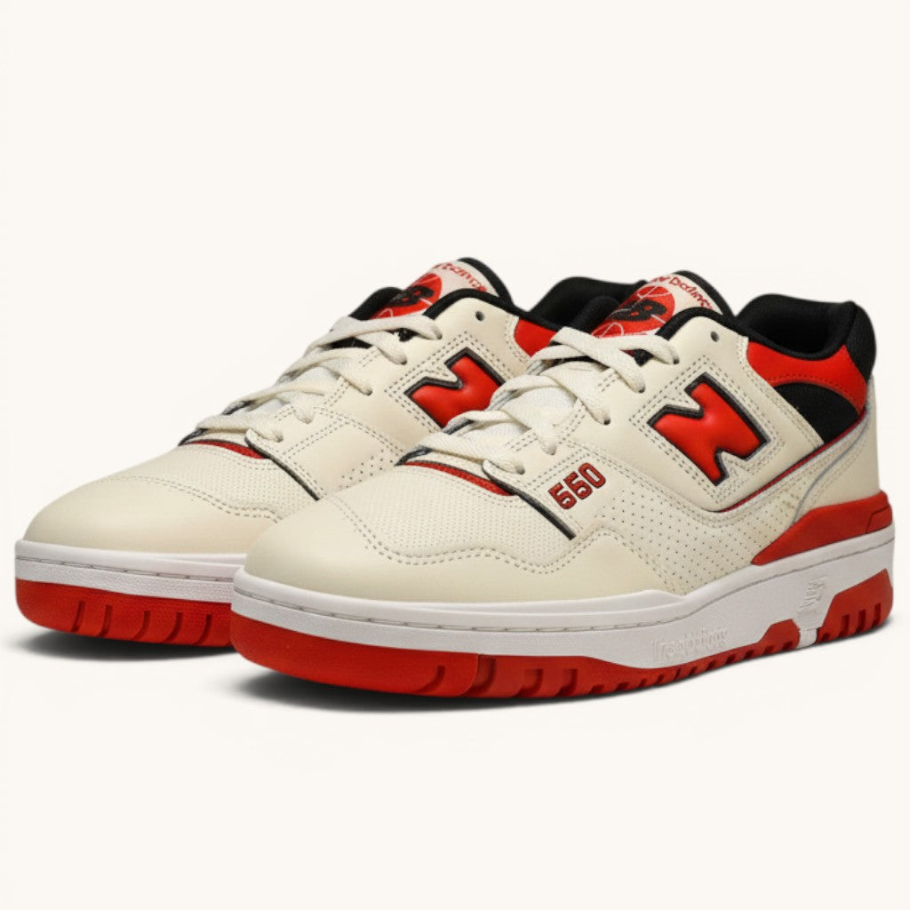Numero 5 New Balance cream and red leather low-top sneakers with white laces and perforated toe box.