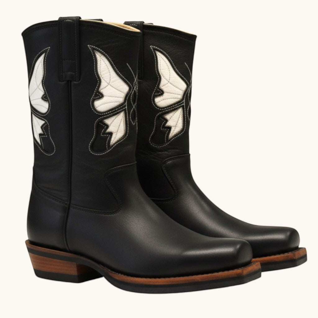 Numero 5 New Rock bianche 113681 black leather cowboy boots with white stitching detail and square toe.