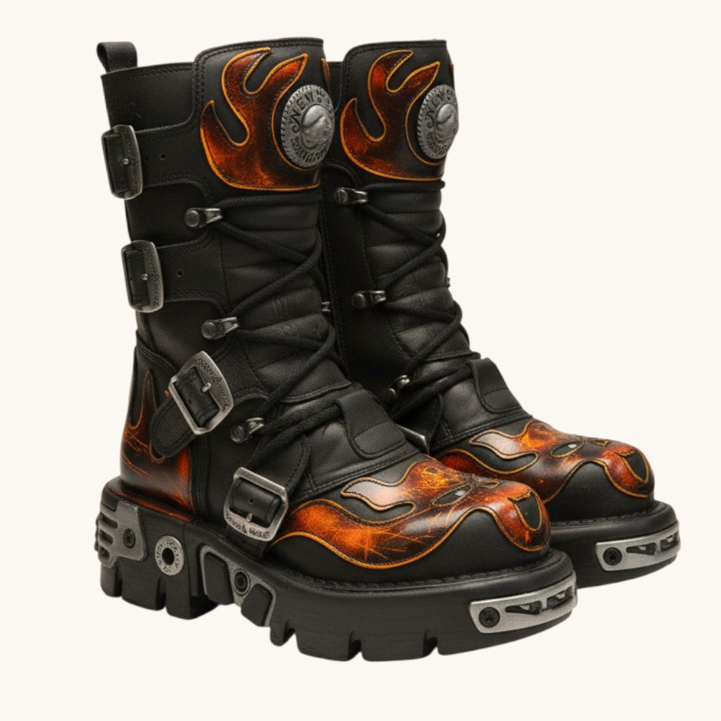 Numero 5 New Rock black leather platform boots with flame design and buckle closures.